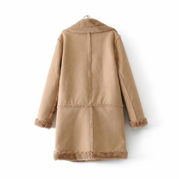 Suede Lambswool Fur Long Leather Coat