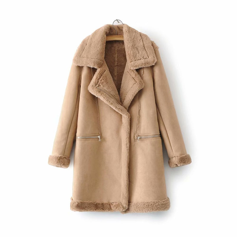 Suede Lambswool Fur Long Leather Coat