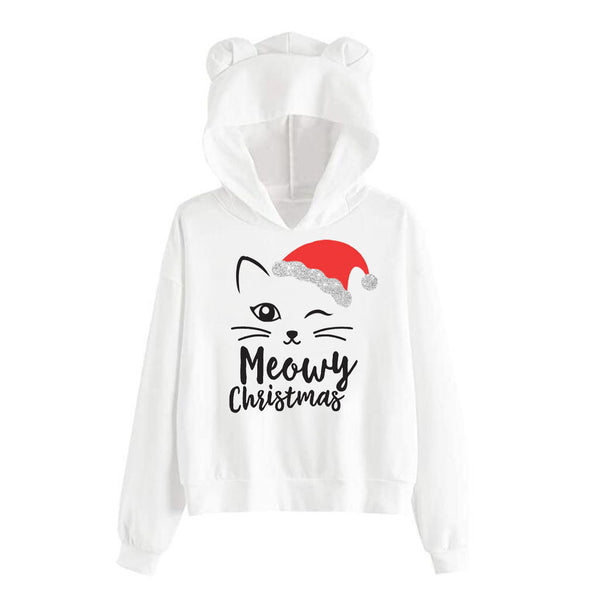 Printed ear sweater ladies hooded top